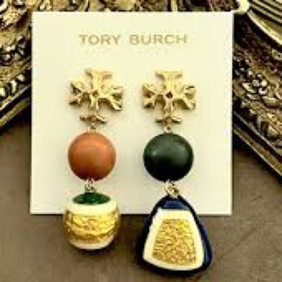 🆕Authentic Tory Burch Roxanne Wood & Resin Mismatched Double Drop Earrings - Picture 10 of 15